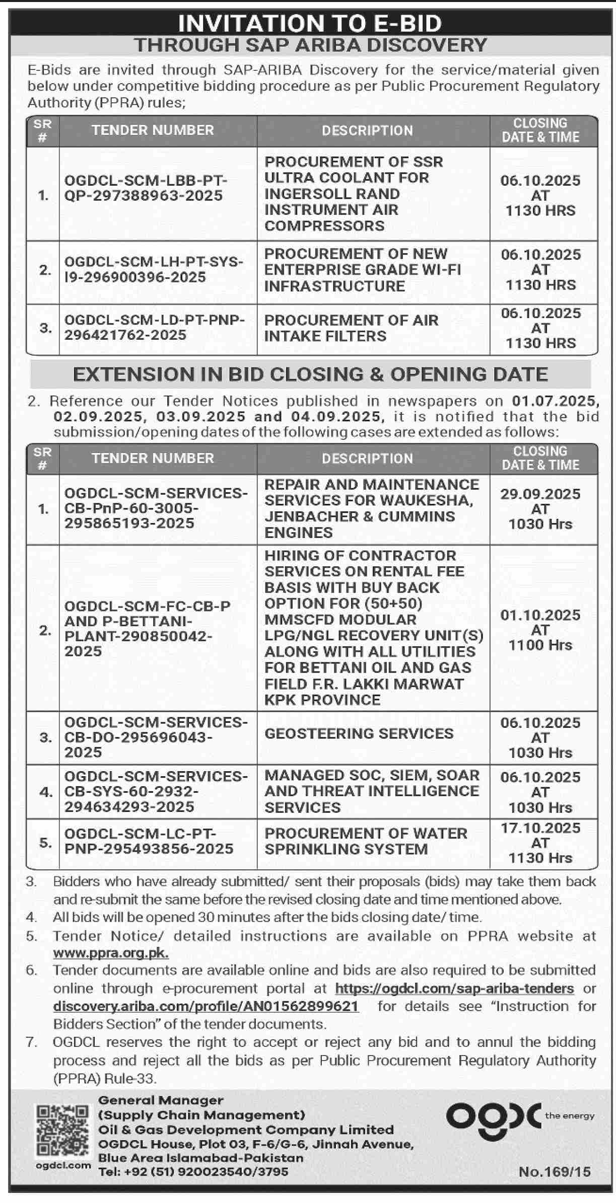 Oil & Gas Development Company Limited Islamabad Tender Notice